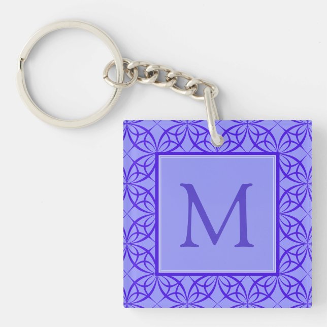 Elegant Purple Filigree Pattern Monogram Keychain (Front)