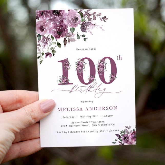 Elegant Purple Floral 100th Birthday Party Invitation (Creator Uploaded)