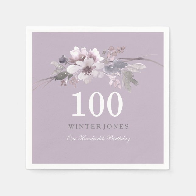 Elegant Purple Floral 100th Birthday Party Napkin (Front)