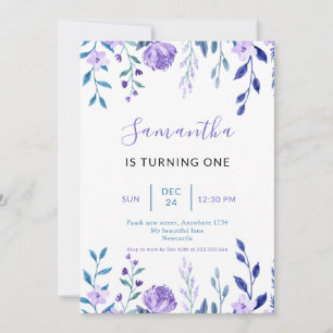 Elegant Purple Floral 1st Birthday Invitation
