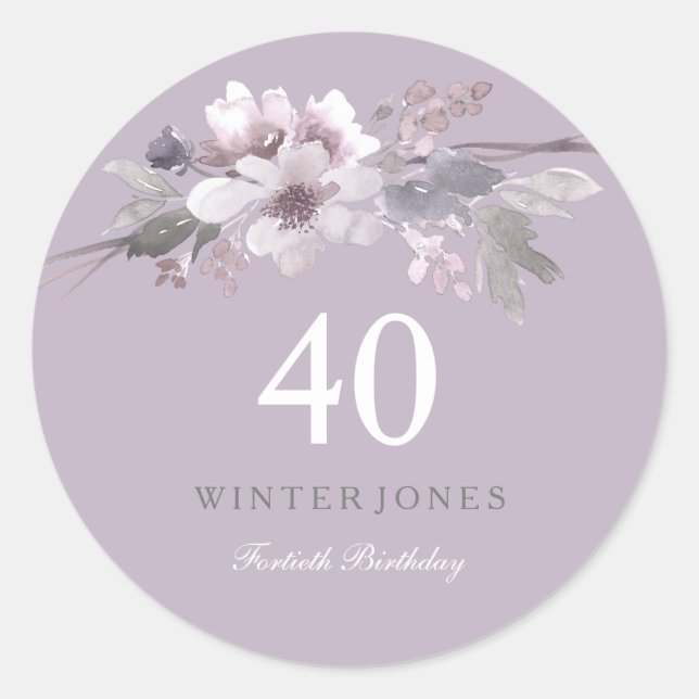 Elegant Purple Floral 40th Birthday Party Classic Round Sticker (Front)