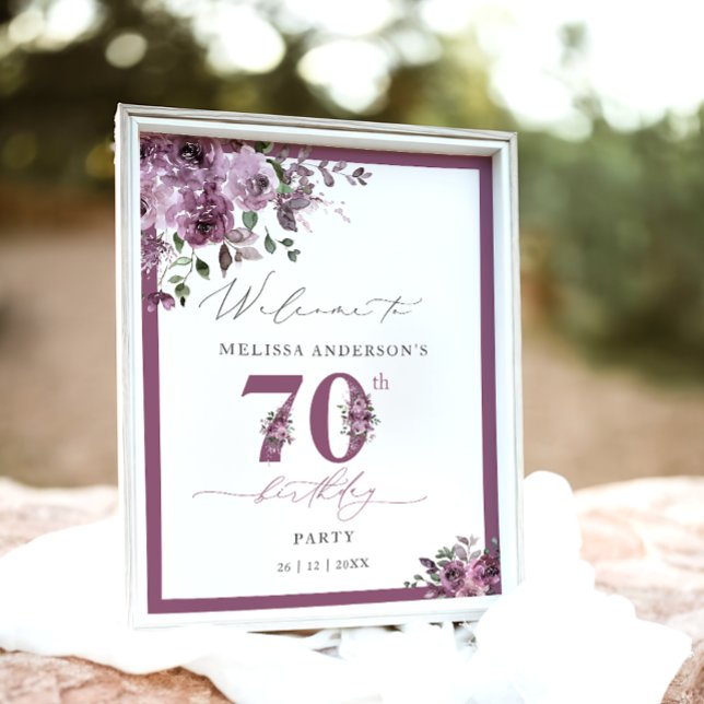 Elegant Purple Floral 70th Birthday Welcome Poster (Creator Uploaded)