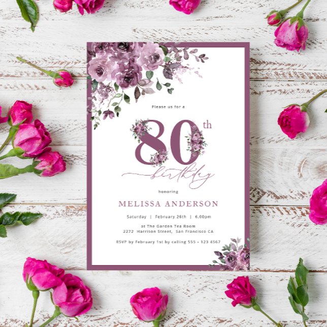 Elegant Purple Floral 80th Birthday Party Invitation (Creator Uploaded)