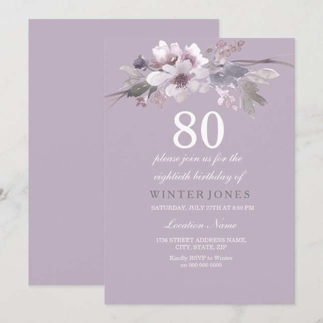 Elegant Purple Floral 80th Birthday Party Invite (Front/Back)