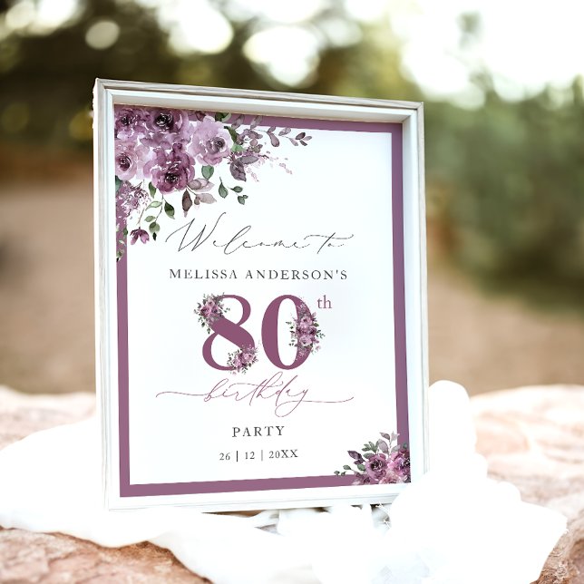 Elegant Purple Floral 80th Birthday Welcome Poster (Creator Uploaded)