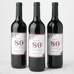 Elegant Purple Floral 80th Birthday Wine Label