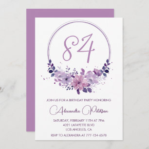 Elegant Purple Floral 84th birthday Invitation