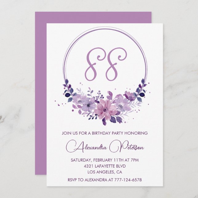 Elegant Purple Floral 88th birthday Invitation (Front/Back)