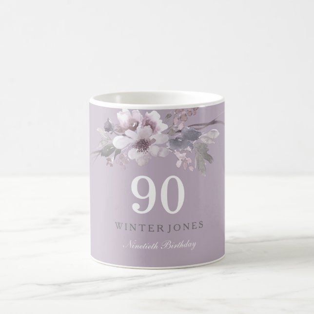 Elegant Purple Floral 90th Birthday Party Gift Coffee Mug (Center)