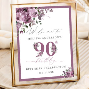 Elegant Purple Floral 90th Birthday Welcome Poster