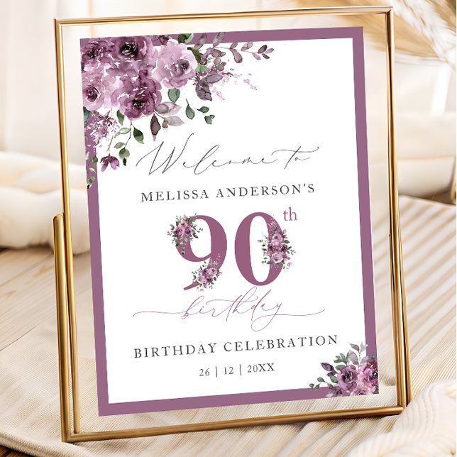 Elegant Purple Floral 90th Birthday Welcome Poster (Creator Uploaded)