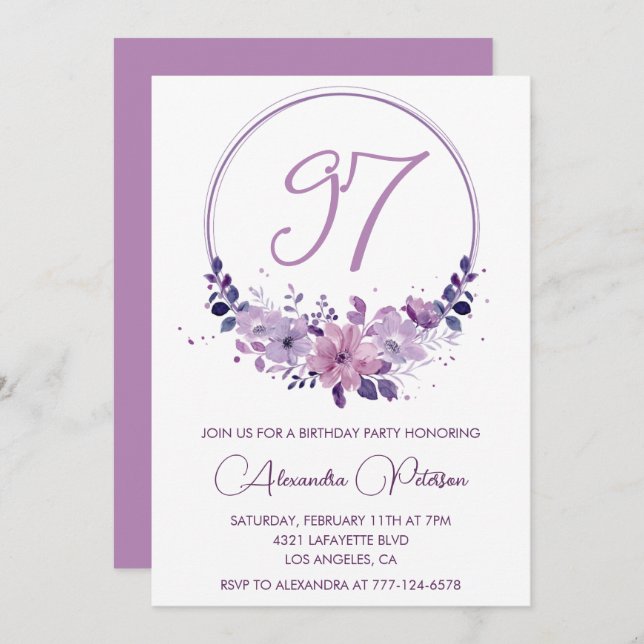 Elegant Purple Floral 97th birthday Invitation (Front/Back)