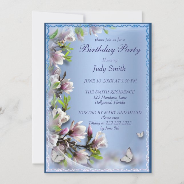 Elegant Purple Floral And Butterfly Birthday Invitation (Front)