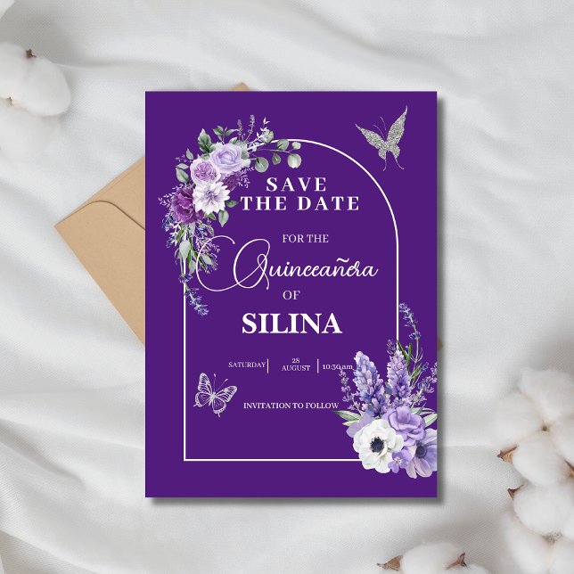 Elegant Purple Floral Arch Lavender Quinceañera  Save The Date (Creator Uploaded)