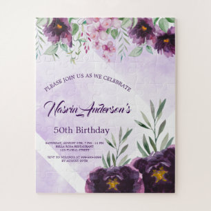 Elegant Purple Floral Birthday Invitation Jigsaw Puzzle