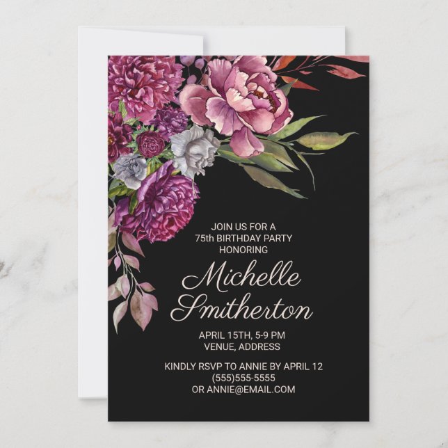 Elegant Purple Floral Black 75th Birthday   Invitation (Front)