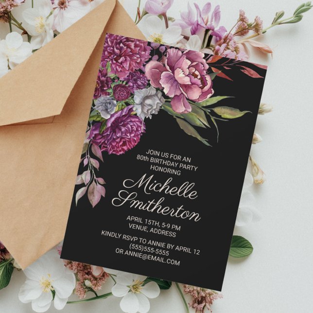 Elegant Purple Floral Black 80th Birthday Invitati Invitation (Elegant purple floral on black birthday party invitation)