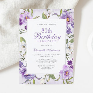 Elegant Purple Floral Botanical 80th Birthday Invitation