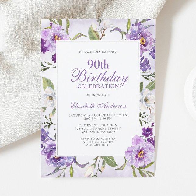Elegant Purple Floral Botanical 90th Birthday Invitation (Creator Uploaded)
