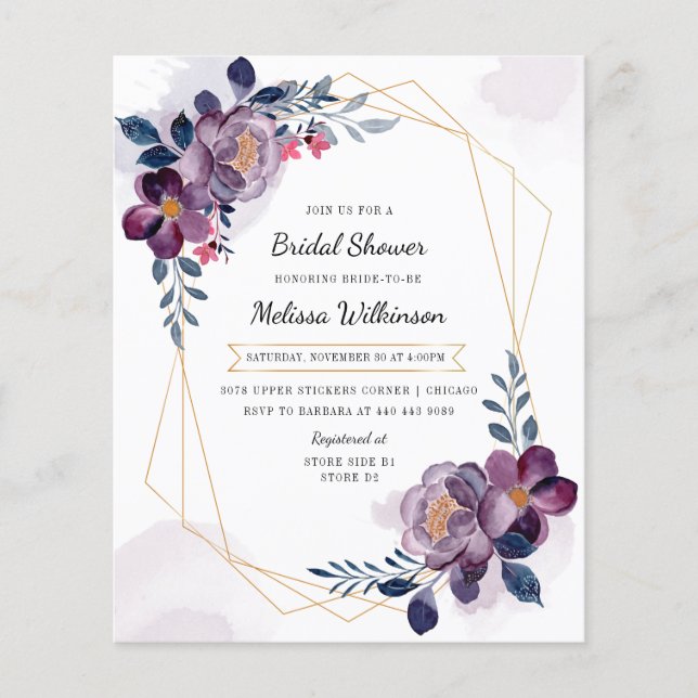 Elegant Purple Floral Bridal Shower Invitation (Front)