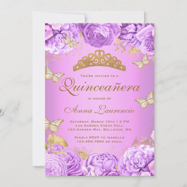 Elegant Purple Floral Butterflies Quinceanera Invitation (Front)
