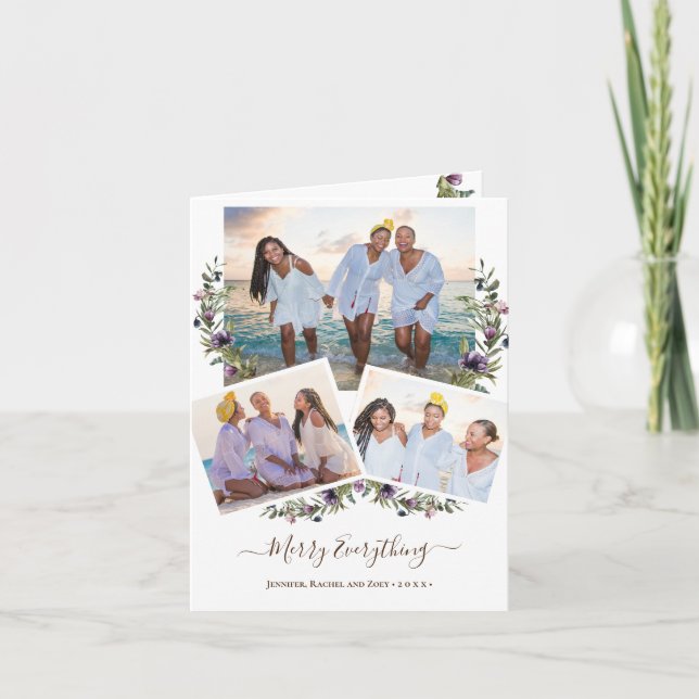 Elegant Purple Floral Chic Script Merry Everything Holiday Card (Front)