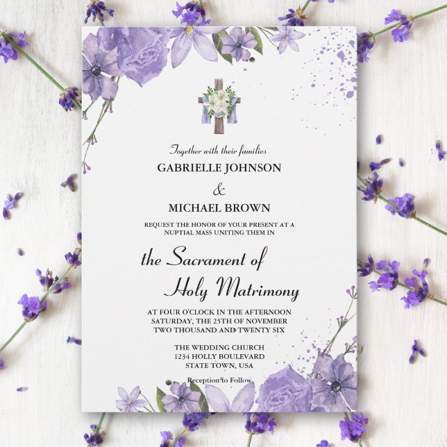 Elegant Purple Floral Cross White Nuptial Mass Invitation (Creator Uploaded)