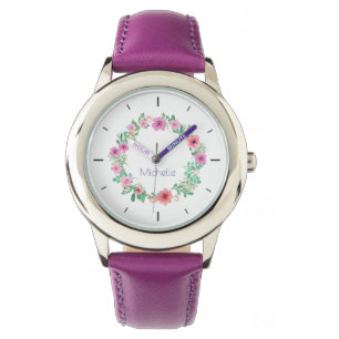 Elegant Purple Floral Custom Name Women's Watch