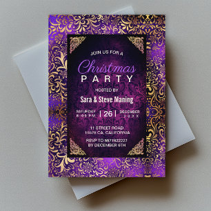 Elegant purple floral damask faux gold Christmas Invitation