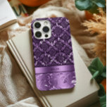 Elegant Purple Floral Damask Metallic Texture iPhone 14 Pro Case<br><div class="desc">Elegant purple and black floral lace damasks pattern with metallic texture print accent.
Customizable monogram.</div>