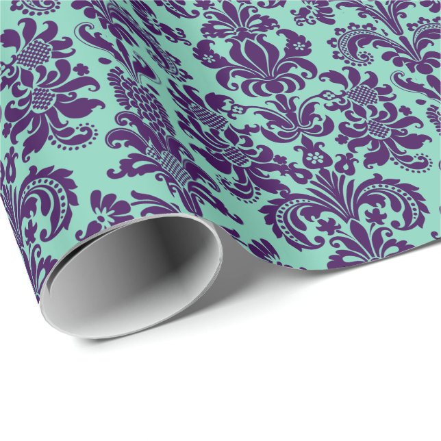 Elegant Purple Floral Damasks Teal-Green Back Wrapping Paper (Roll Corner)