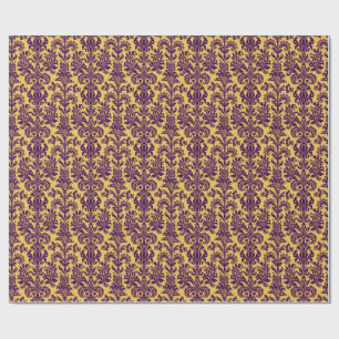 Elegant Purple Floral Damasks Yellow Background Wrapping Paper
