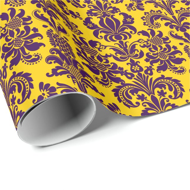 Elegant Purple Floral Damasks Yellow Background Wrapping Paper (Roll Corner)