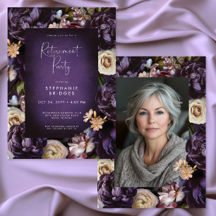 Elegant Purple Floral Frame Photo Retirement Party Invitation