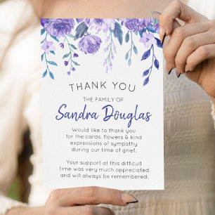 Elegant Purple Floral Funeral Memorial Thank You Card