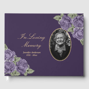 Elegant Purple Floral Funeral Photo Guest Book