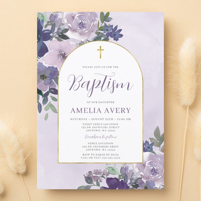 Elegant Purple Floral Gold Arch Girl Baptism Invitation (Creator Uploaded)