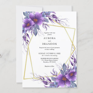 Elegant Purple Floral Golden Geometric Wedding Invitation
