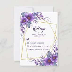 Elegant Purple Floral Golden Geometric Wedding RSVP Card