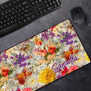 Elegant purple floral grey pattern monogram desk mat