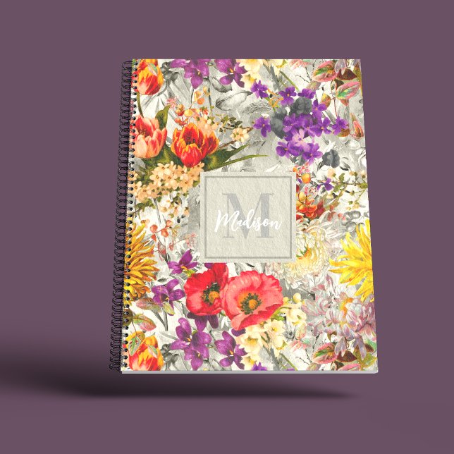 Elegant purple floral grey pattern monogram notebook (Creator Uploaded)