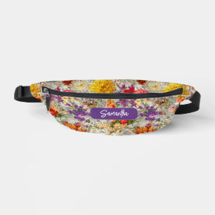 Elegant purple floral grey pattern monogram sling fanny pack