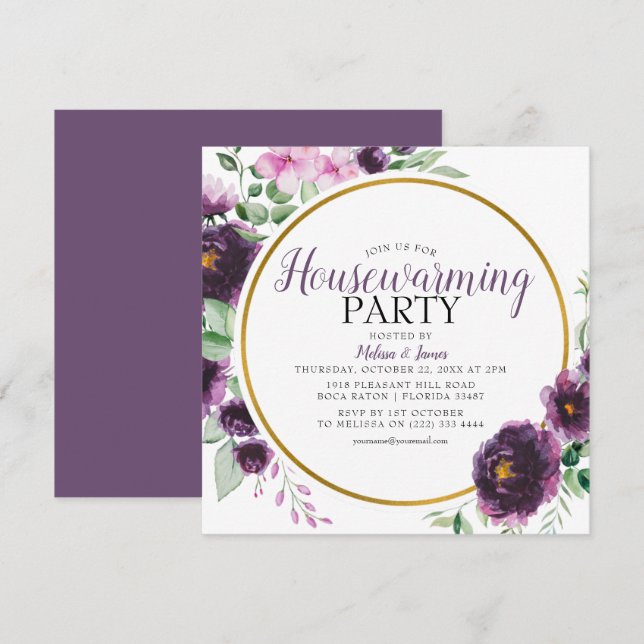 Elegant Purple Floral Housewarming Party Invitation (Front/Back)
