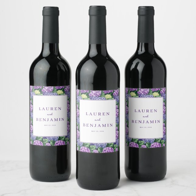 Elegant Purple Floral Hydrangea Wine Label (Bottles)
