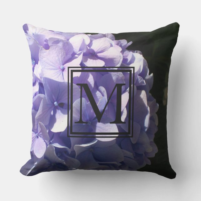 Elegant Purple floral Hydrangeas monogram  Outdoor Pillow (Front)