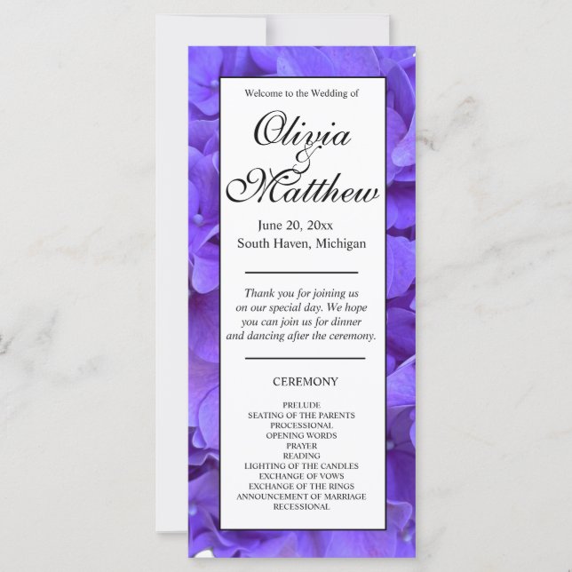 Elegant purple floral hydrangeas Wwedding program (Front)