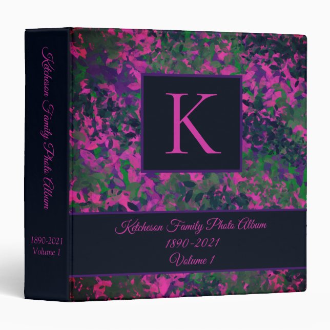 Elegant Purple Floral Leafy Monogram Family Photo Binder (Front/Spine)