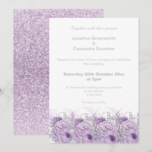 ELEGANT PURPLE FLORAL  MARBLE GLITTER WEDDING INVITATION (Front/Back)