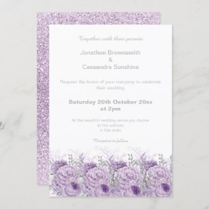 ELEGANT PURPLE FLORAL MARBLE GLITTER WEDDING INVITATION