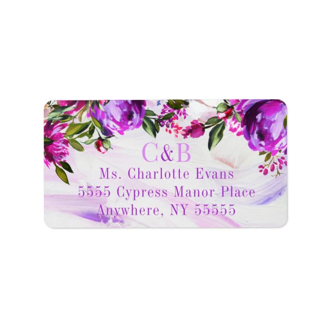 Elegant Purple Floral Monogram Address Label (Front)